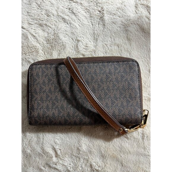 Michael Kors Jet Set Logo Brown & Gold Zip-Around Wristlet Wallet For Women - Picture 10 of 11